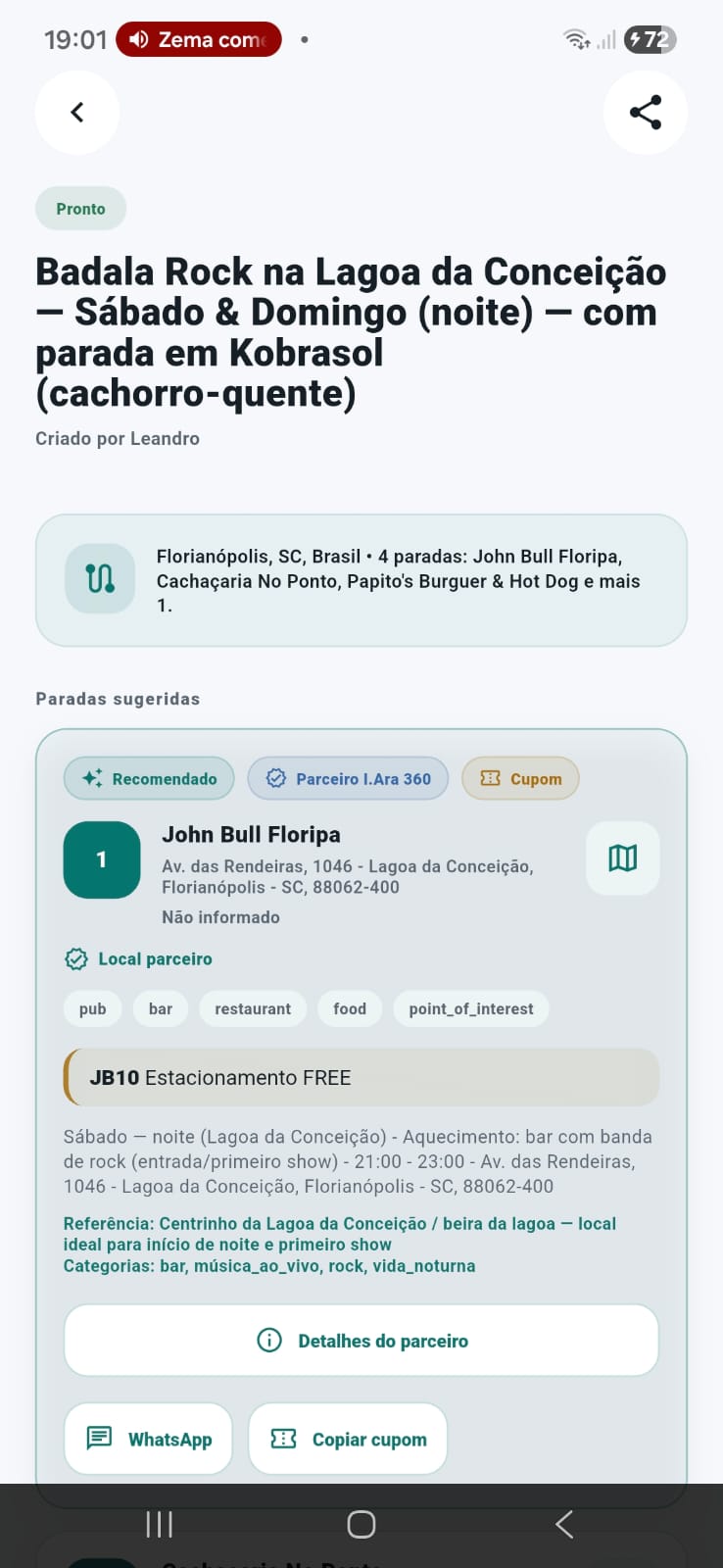 Detalhe de roteiro no aplicativo I.Ara 360