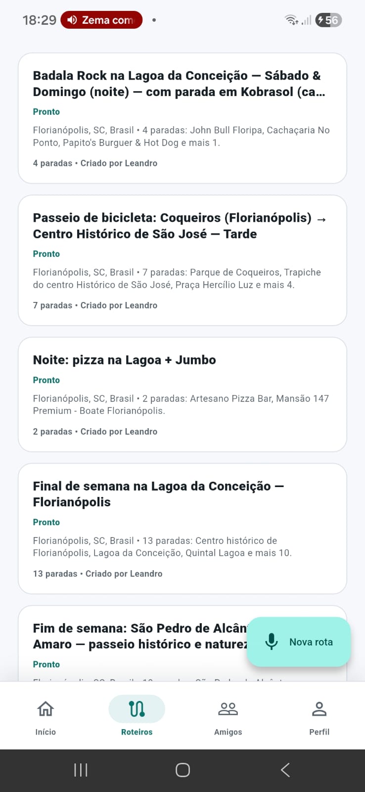 Lista de roteiros no aplicativo I.Ara 360